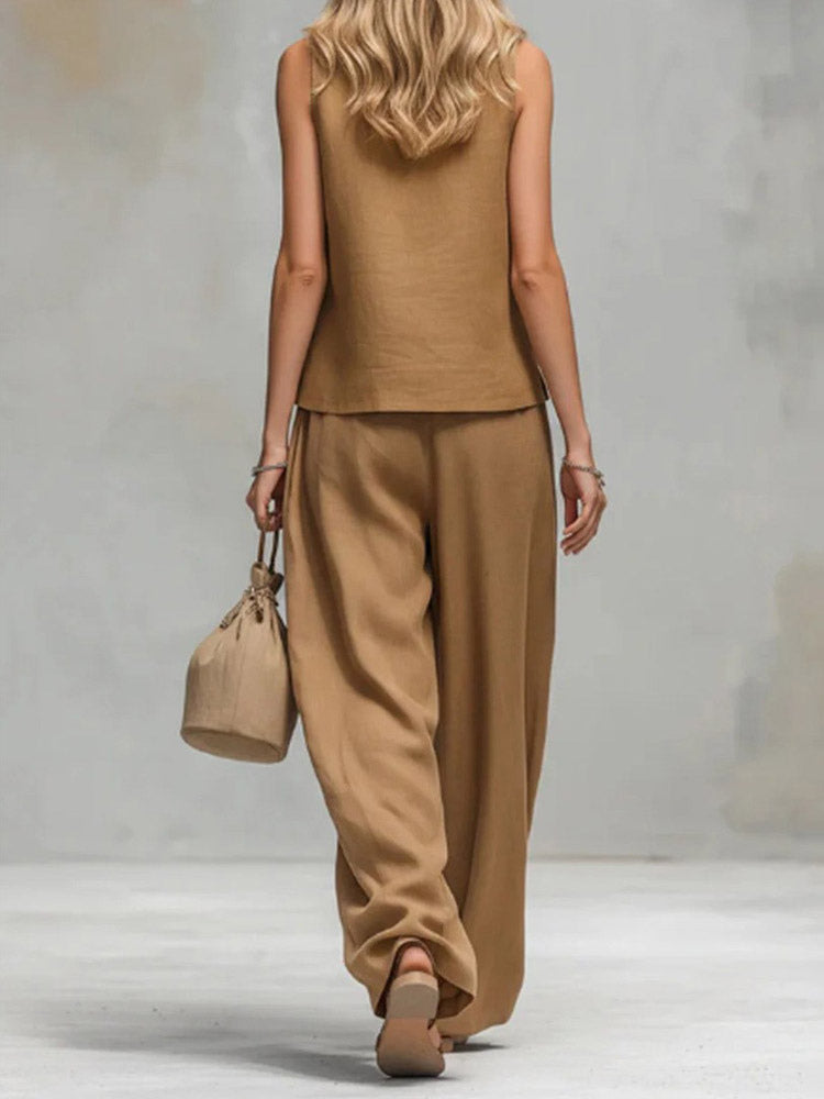 Two Piece Sets Brown Chic Daily Casual Cotton Linen Stand Collar Sleeveless Pant Set