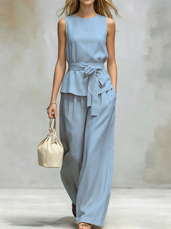 Two Piece Sets Chocolate Chic Street Wear Sash Polyester Jewel Neck Sleeveless Pant Set