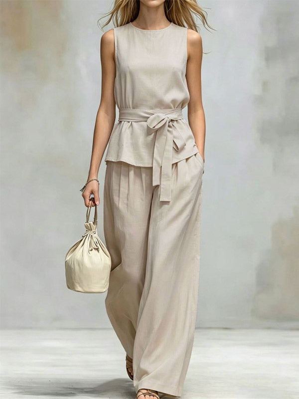 Two Piece Sets Chocolate Chic Street Wear Sash Polyester Jewel Neck Sleeveless Pant Set