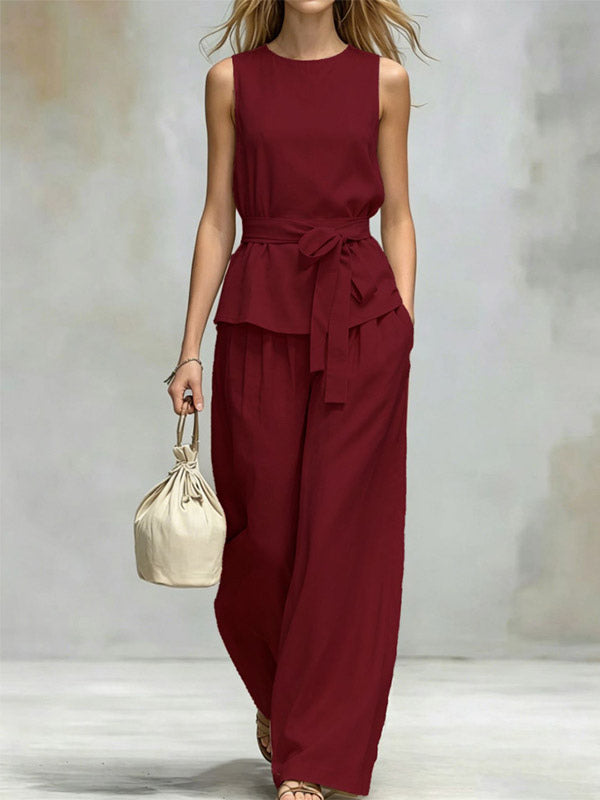 Two Piece Sets Chocolate Chic Street Wear Sash Polyester Jewel Neck Sleeveless Pant Set