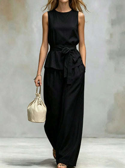Two Piece Sets Chocolate Chic Street Wear Sash Polyester Jewel Neck Sleeveless Pant Set