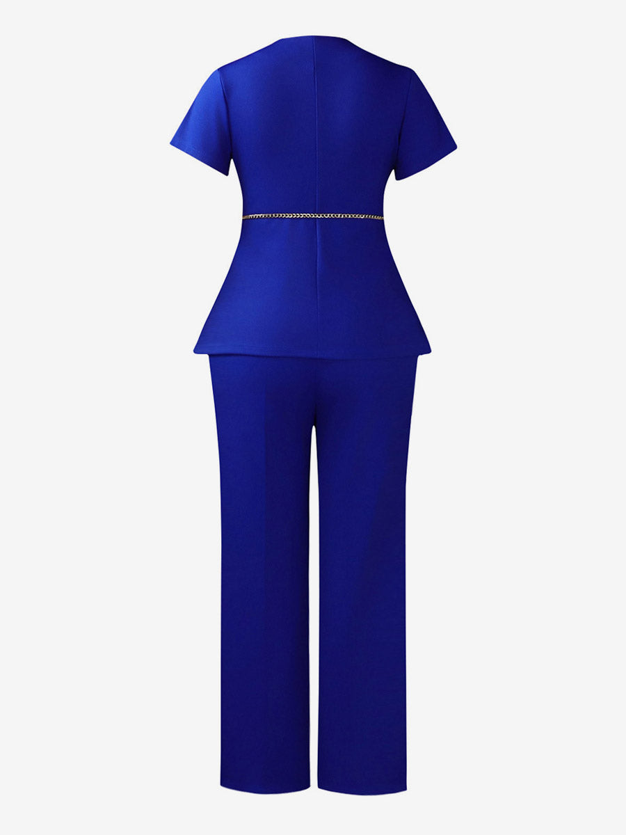 Two Piece Sets Burgundy Chic Daily Casual Chains Polyester V-Neck T-Shirt Sleeves Short Sleeves Pant Set