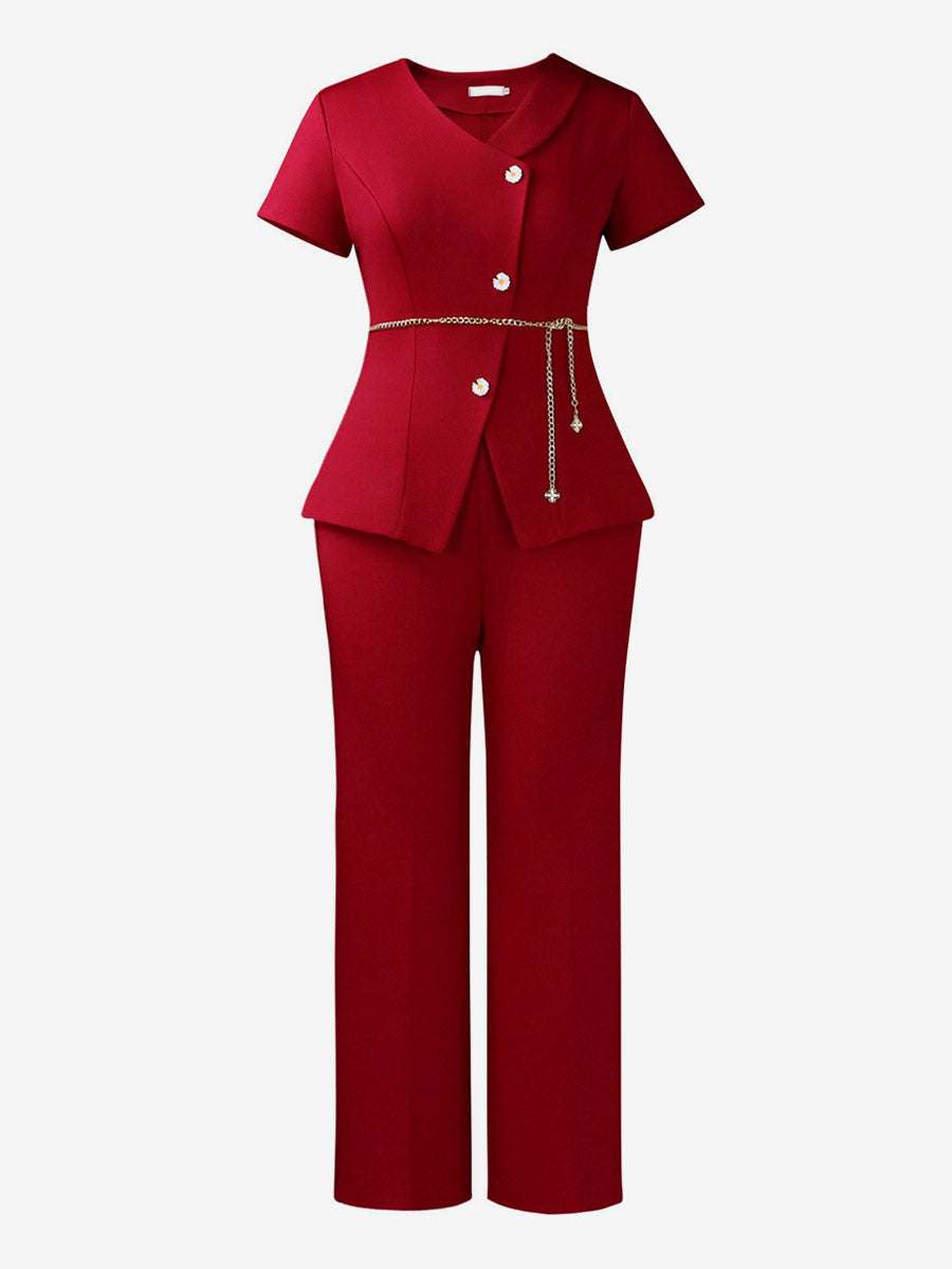 Two Piece Sets Burgundy Chic Daily Casual Chains Polyester V-Neck T-Shirt Sleeves Short Sleeves Pant Set