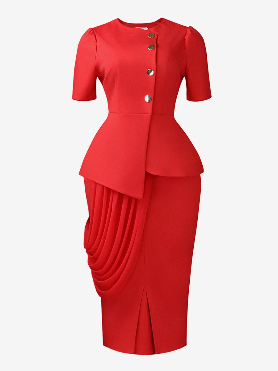 Two Piece Sets Yellow Casual Pleated Street Wear Polyester Jewel Neck Asymmetrical Short Sleeves Skirt Set