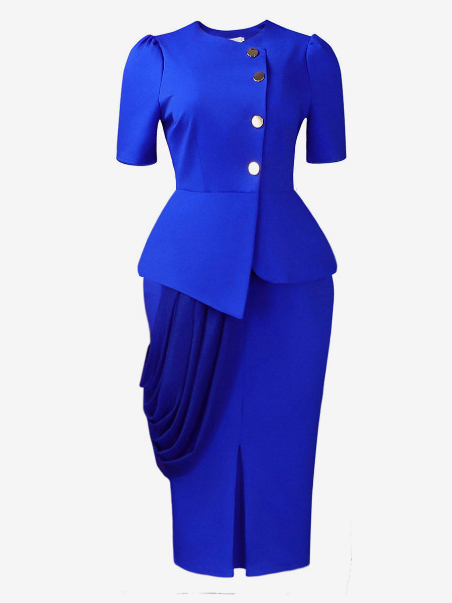 Two Piece Sets Yellow Casual Pleated Street Wear Polyester Jewel Neck Asymmetrical Short Sleeves Skirt Set