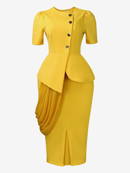 Two Piece Sets Yellow Casual Pleated Street Wear Polyester Jewel Neck Asymmetrical Short Sleeves Skirt Set