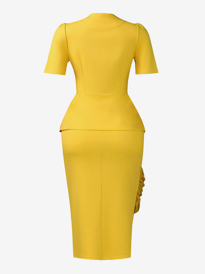 Two Piece Sets Yellow Casual Pleated Street Wear Polyester Jewel Neck Asymmetrical Short Sleeves Skirt Set