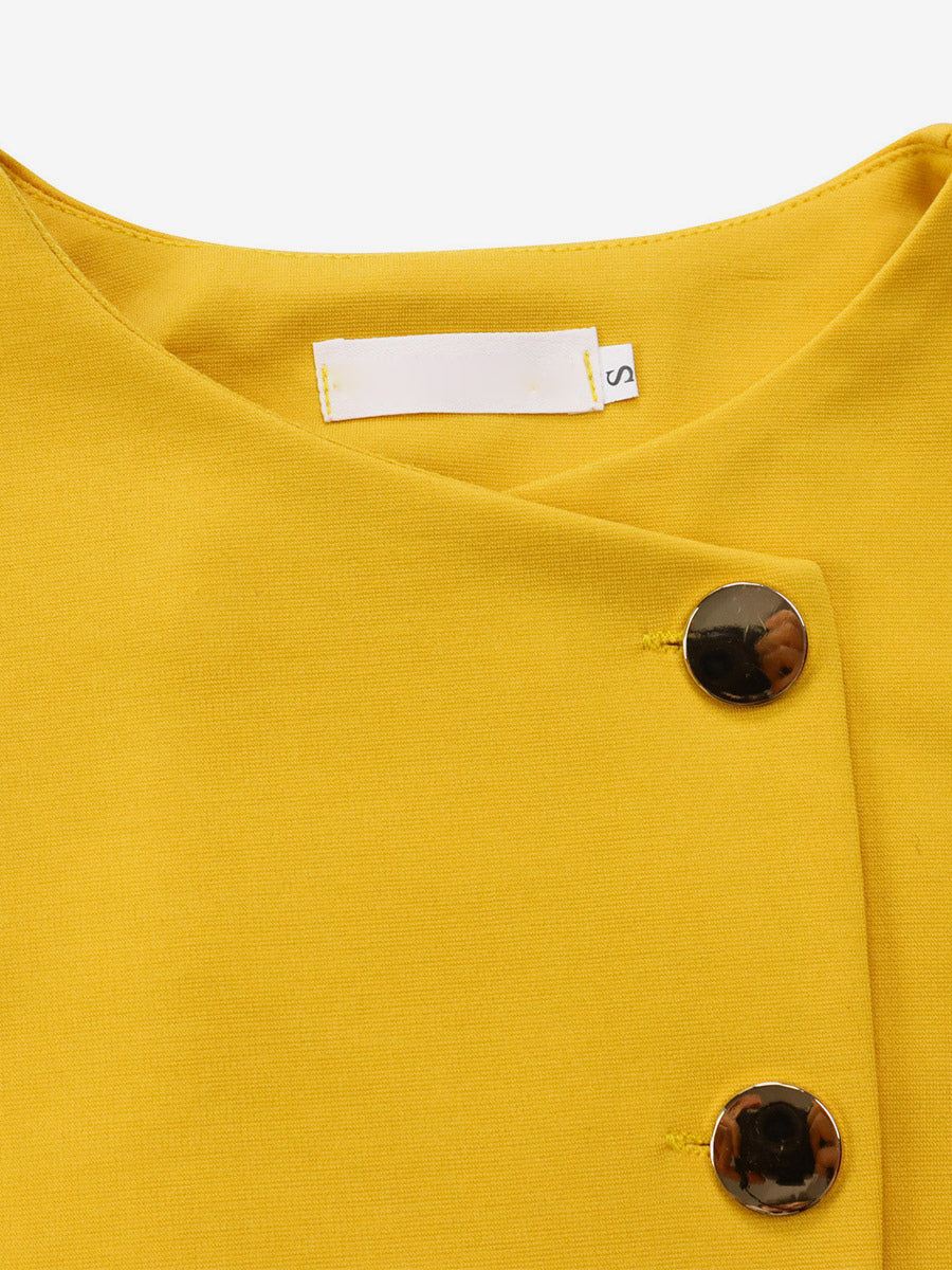 Two Piece Sets Yellow Casual Pleated Street Wear Polyester Jewel Neck Asymmetrical Short Sleeves Skirt Set