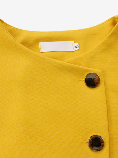 Two Piece Sets Yellow Casual Pleated Street Wear Polyester Jewel Neck Asymmetrical Short Sleeves Skirt Set