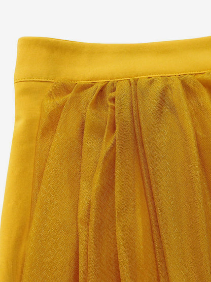 Two Piece Sets Yellow Casual Pleated Street Wear Polyester Jewel Neck Asymmetrical Short Sleeves Skirt Set