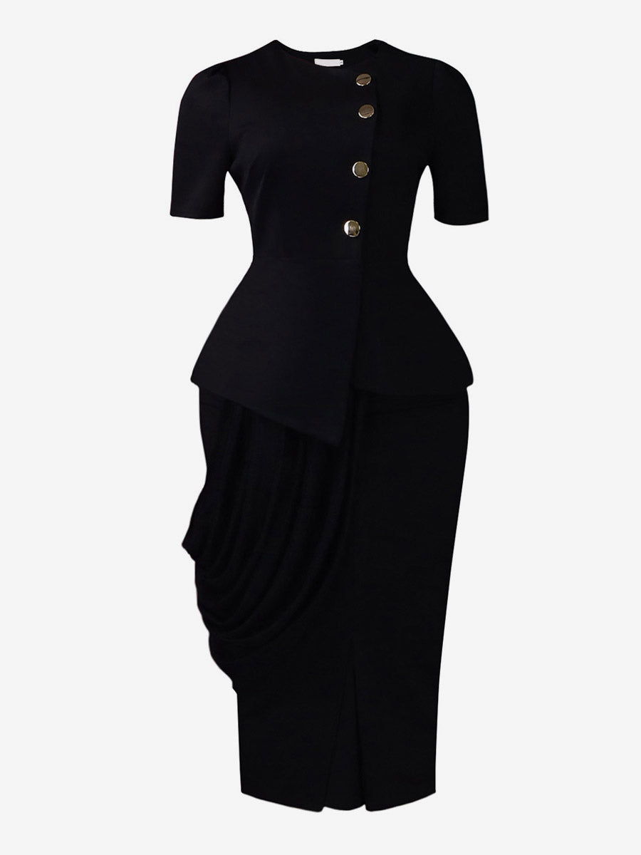 Two Piece Sets Yellow Casual Pleated Street Wear Polyester Jewel Neck Asymmetrical Short Sleeves Skirt Set