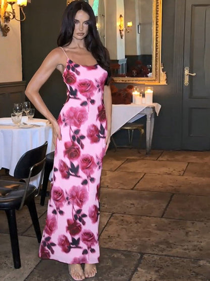 Party Dress Maxi Pink Straps Neck Sleeveless Printed Clothes Casual Semi Formal Dress