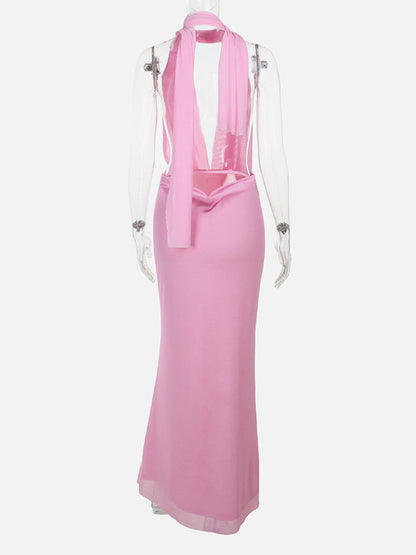 Vacation Dresses Maxi Lace Up Sleeveless Printed V-Neck Chic Pink A-line Dress