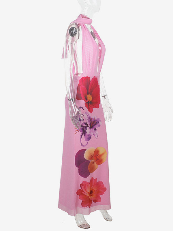 Vacation Dresses Maxi Lace Up Sleeveless Printed V-Neck Chic Pink A-line Dress