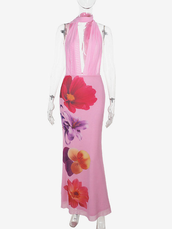 Vacation Dresses Maxi Lace Up Sleeveless Printed V-Neck Chic Pink A-line Dress