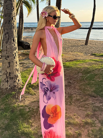 Vacation Dresses Maxi Lace Up Sleeveless Printed V-Neck Chic Pink A-line Dress
