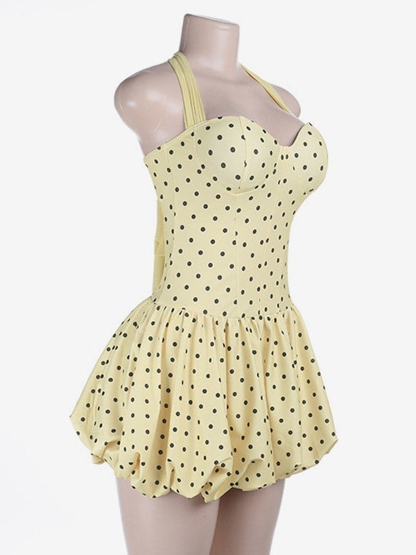 Date Night Dresses Mini Lace Up Sleeveless Halter Chic Yellow Dress