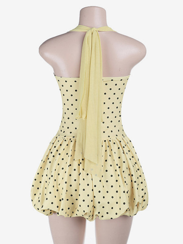Date Night Dresses Mini Lace Up Sleeveless Halter Chic Yellow Dress
