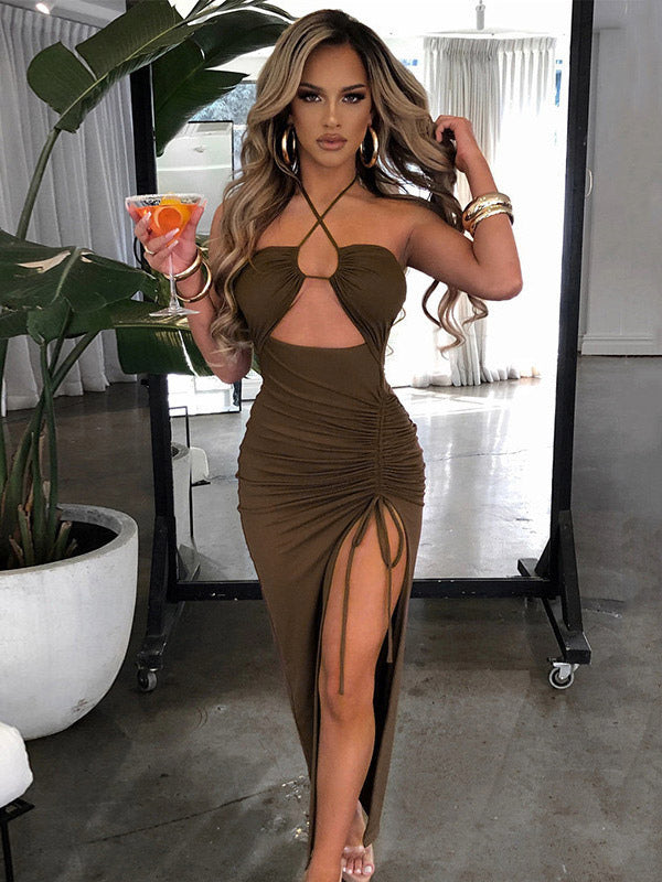 Night Out Dresses Deep Brown Polyester Sleeveless Halter Backless Summer Dress
