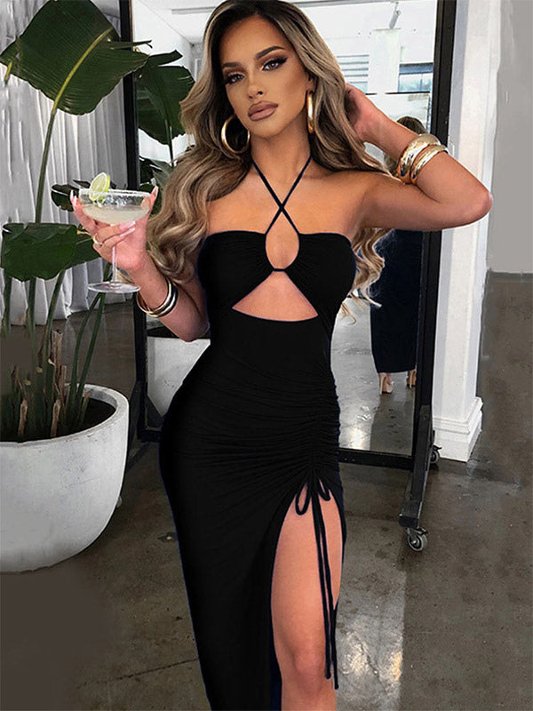 Night Out Dresses Deep Brown Polyester Sleeveless Halter Backless Summer Dress