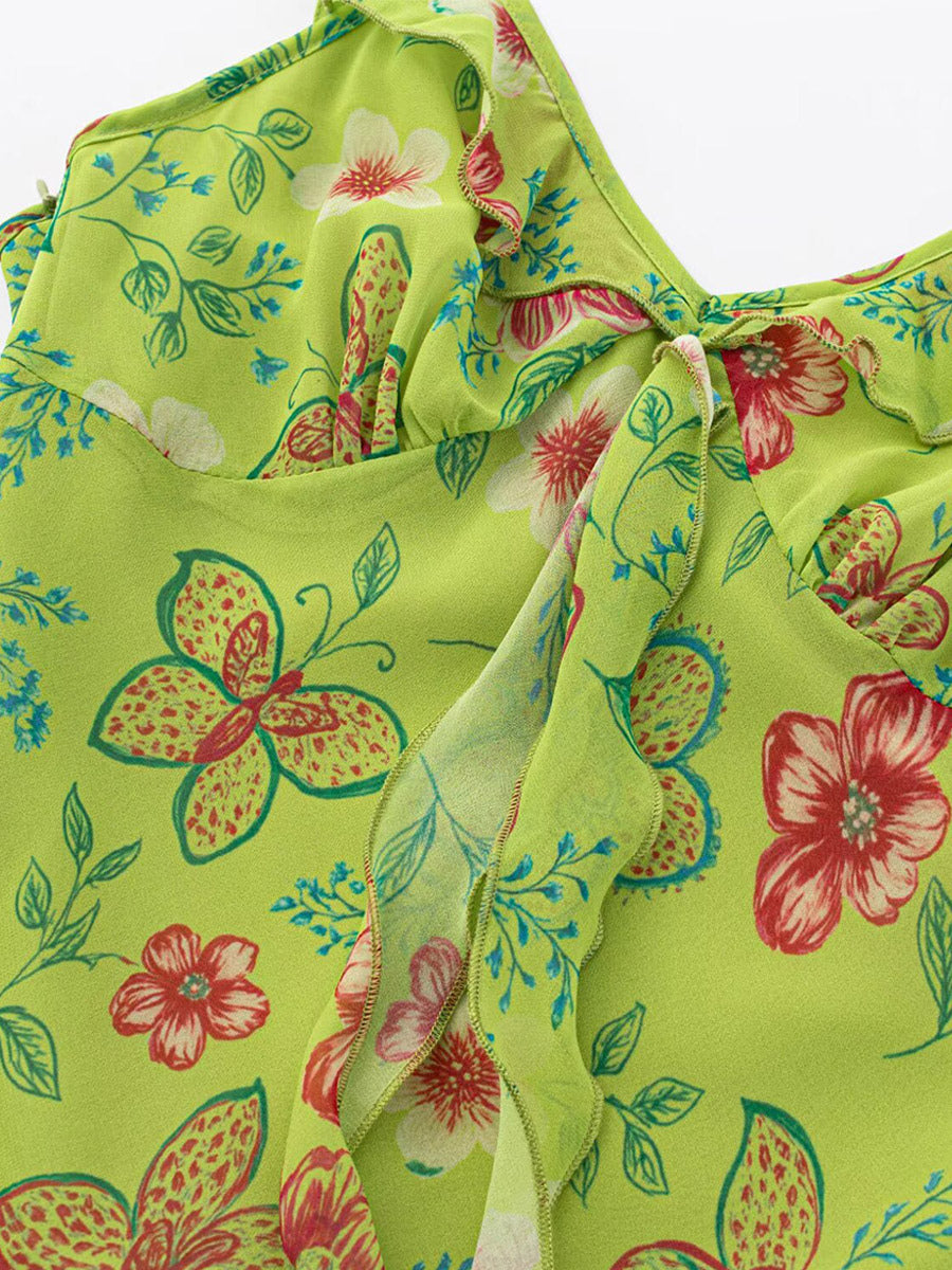 Daily Dresses For Women Red Shaping Flowers Sleeveless V-Neck Raised Waist Printed Dress