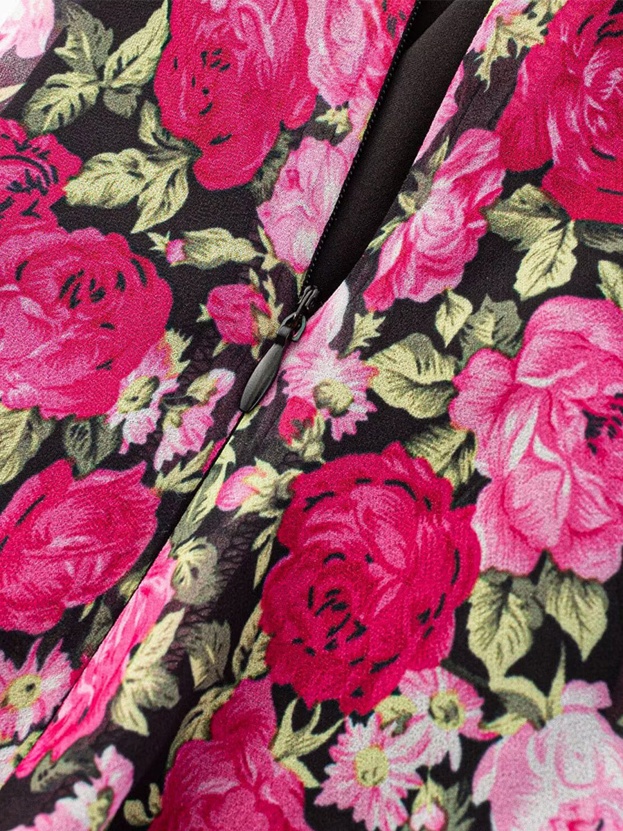 Daily Dresses For Women Red Shaping Flowers Sleeveless V-Neck Raised Waist Printed Dress