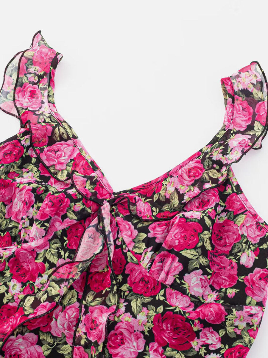 Daily Dresses For Women Red Shaping Flowers Sleeveless V-Neck Raised Waist Printed Dress
