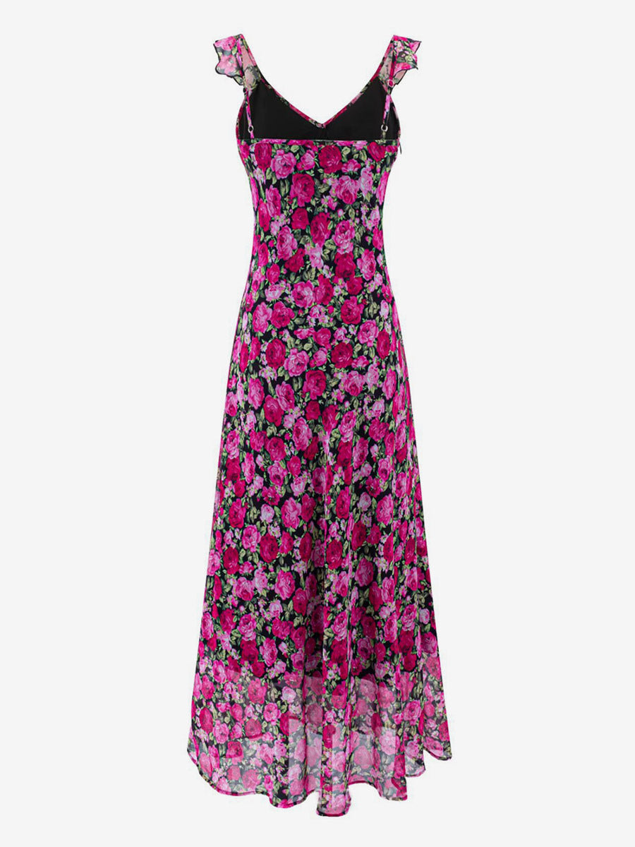 Daily Dresses For Women Red Shaping Flowers Sleeveless V-Neck Raised Waist Printed Dress