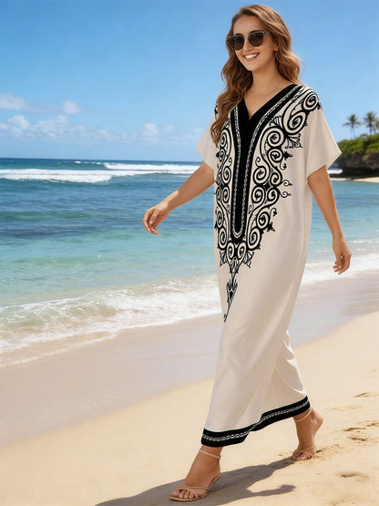 Vacation Dresses Oversized Short Sleeves Printed V-Neck Casual White Dress