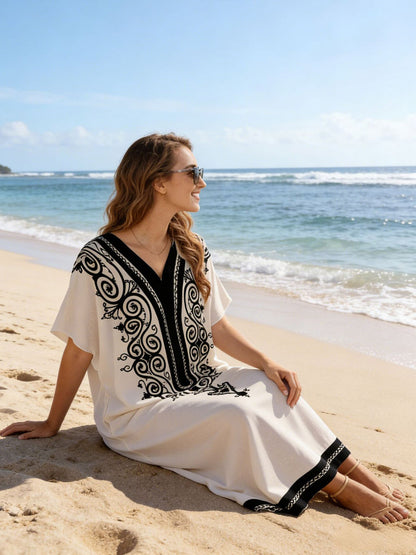 Vacation Dresses Oversized Short Sleeves Printed V-Neck Casual White Dress