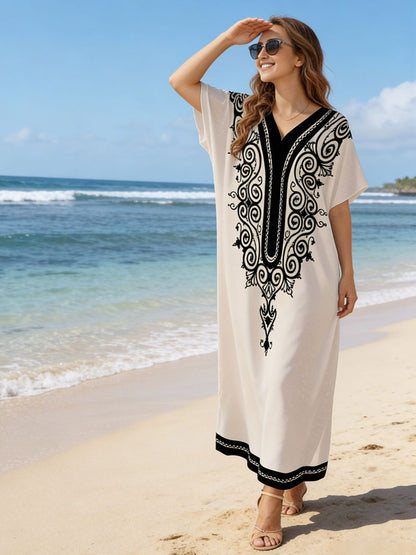 Vacation Dresses Oversized Short Sleeves Printed V-Neck Casual White Dress