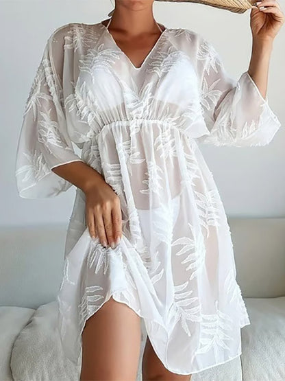 Vacation Dresses Sheer Shaping 3/4 Length Sleeves V-Neck Chic Black Dress