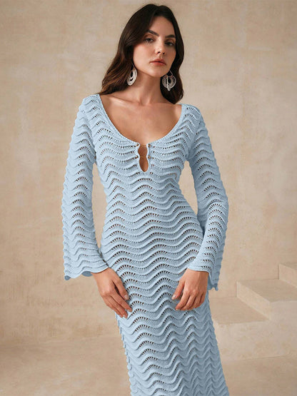 Vacation Dresses Shaping Cut Out Long Sleeves Scoop Neck Flared Sleeves Sexy Apricot Dress