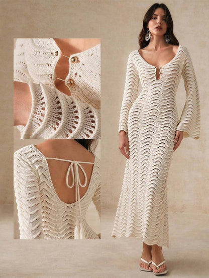 Vacation Dresses Shaping Cut Out Long Sleeves Scoop Neck Flared Sleeves Sexy Apricot Dress