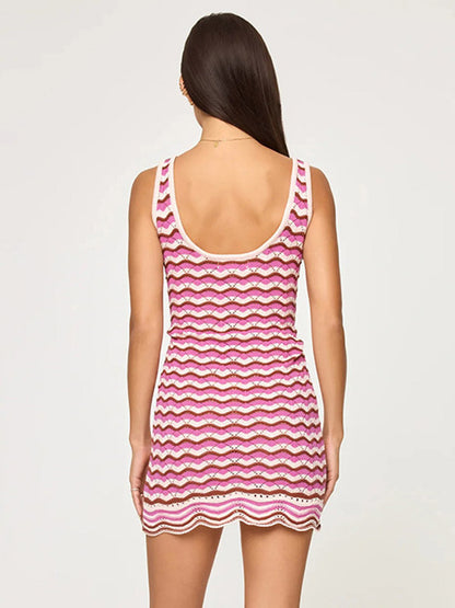 Vacation Dresses Shaping Sleeveless Stripes Scoop Neck Athletic Pink Dress