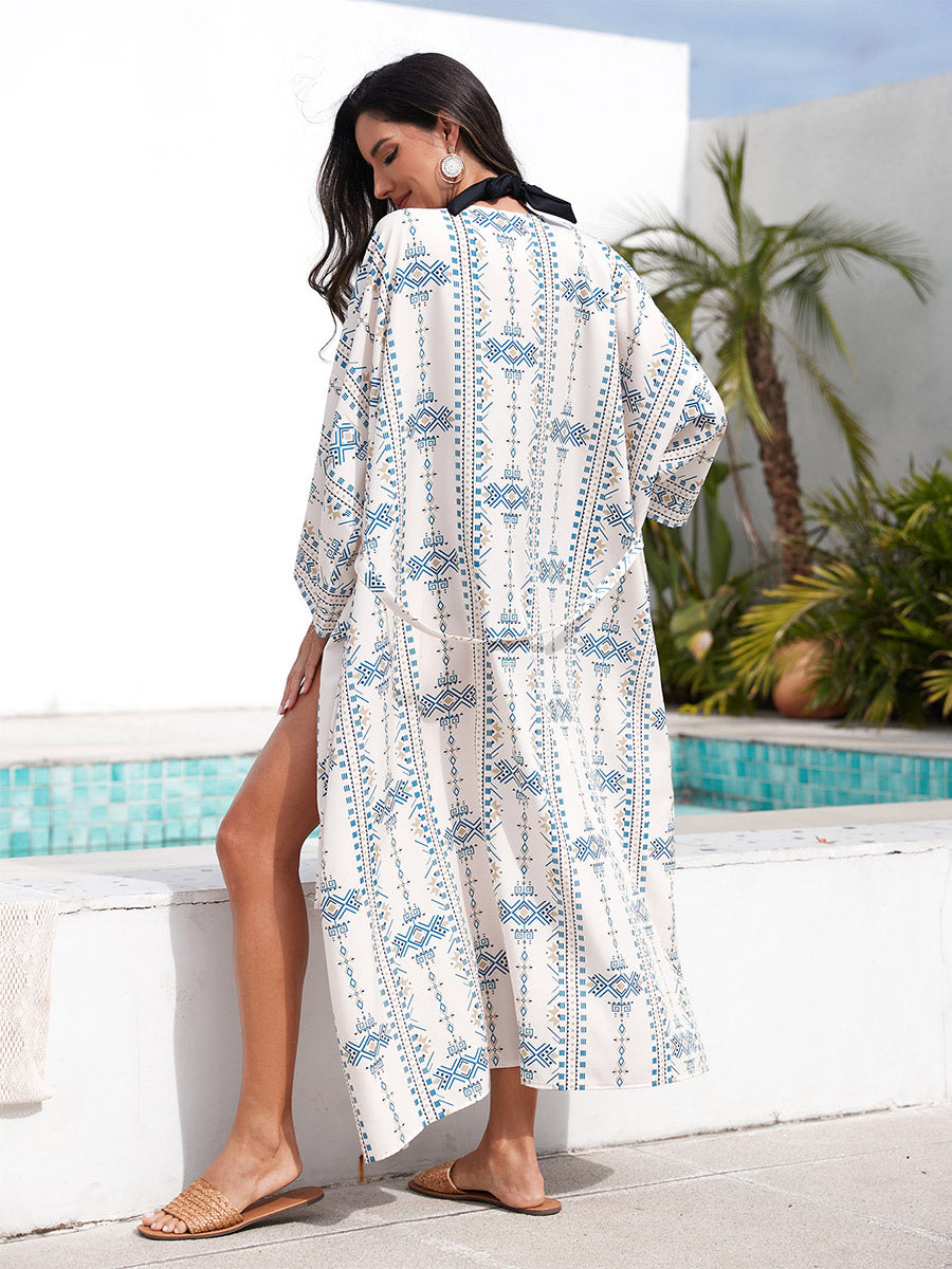 Vacation Dresses Ruffled Sash Long Sleeves Printed Casual Light Sky Blue Dress