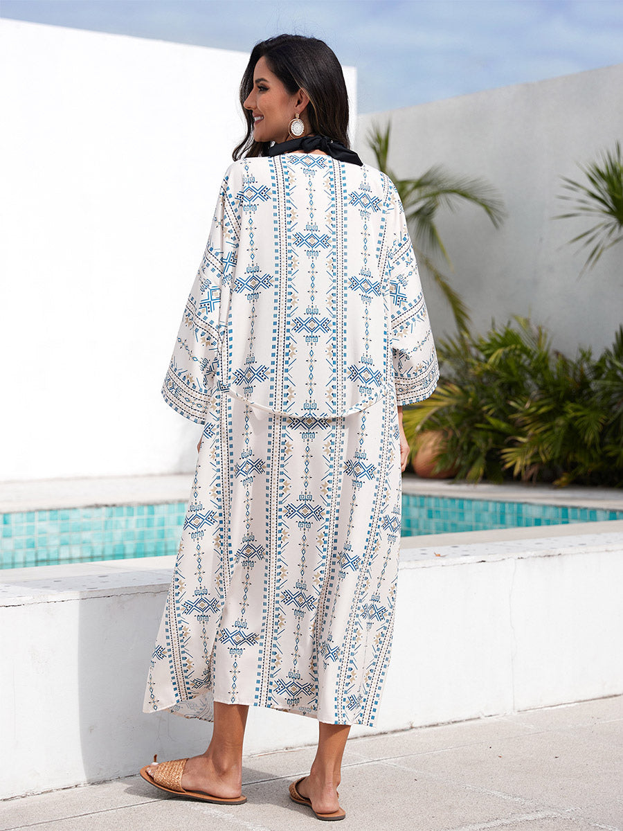 Vacation Dresses Ruffled Sash Long Sleeves Printed Casual Light Sky Blue Dress