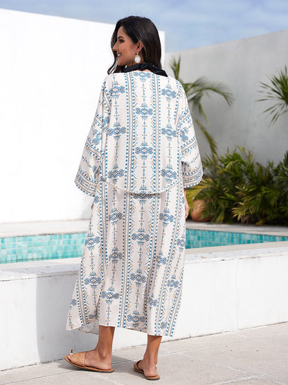 Vacation Dresses Ruffled Sash Long Sleeves Printed Casual Light Sky Blue Dress