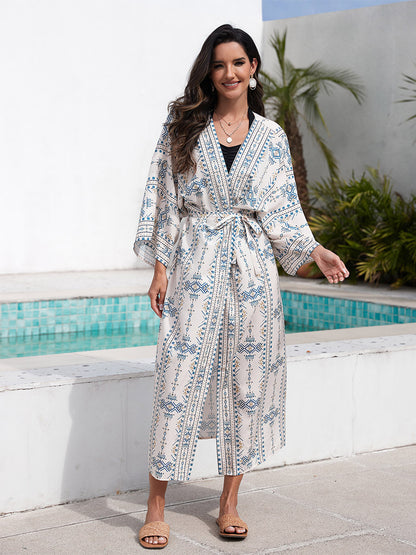 Vacation Dresses Ruffled Sash Long Sleeves Printed Casual Light Sky Blue Dress