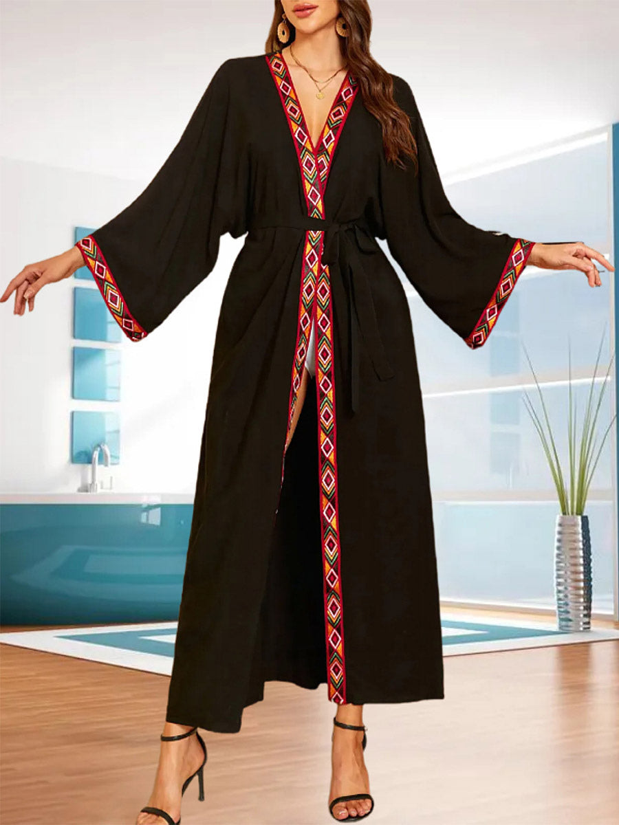 Vacation Dresses Ruffled Sash Long Sleeves Printed Casual Gold Dress
