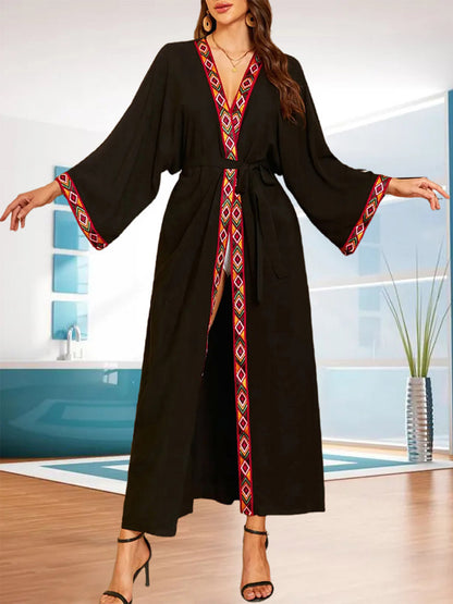 Vacation Dresses Ruffled Sash Long Sleeves Printed Casual Gold Dress