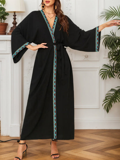 Vacation Dresses Ruffled Sash Long Sleeves Printed Casual Gold Dress