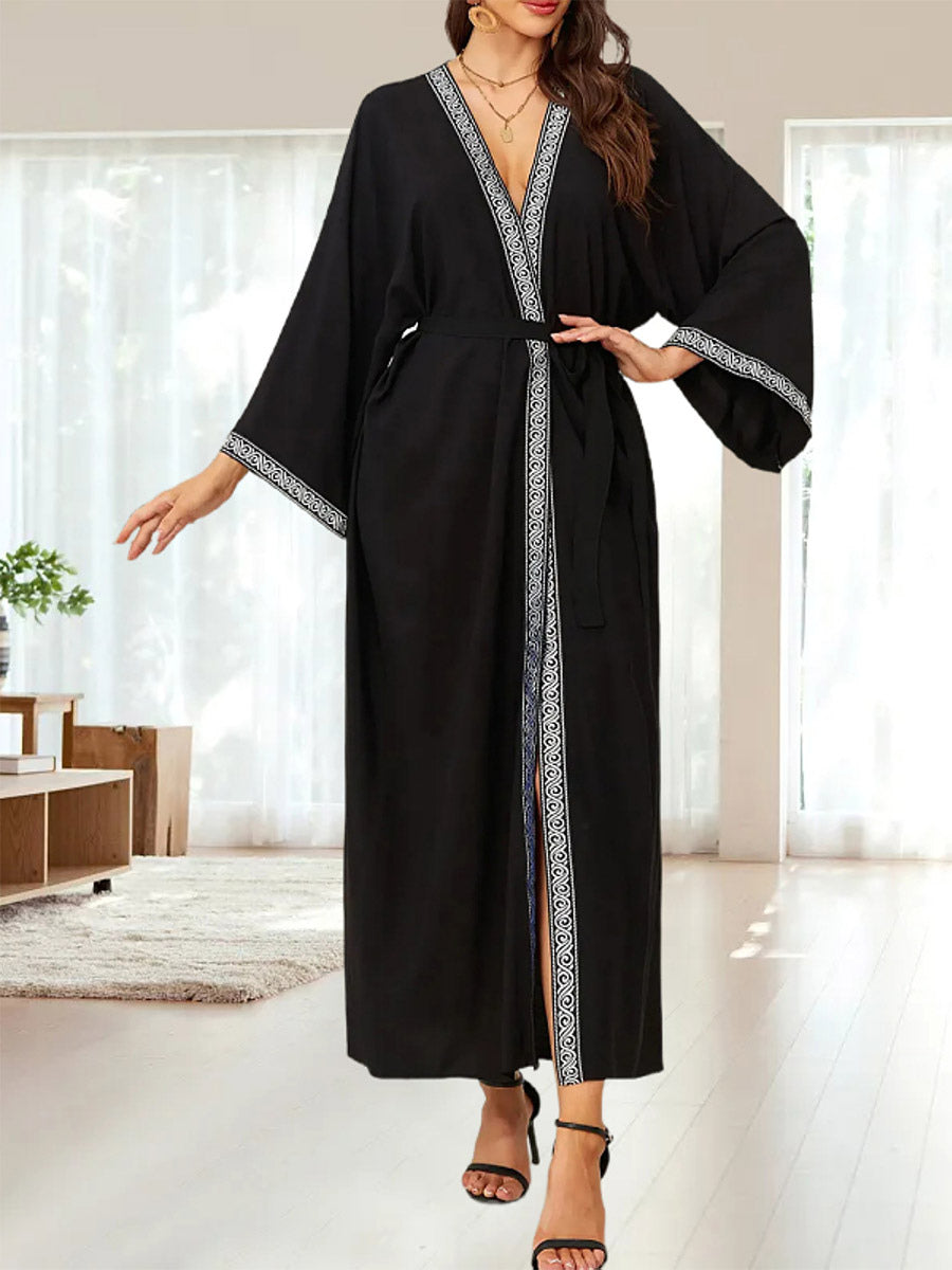 Vacation Dresses Ruffled Sash Long Sleeves Printed Casual Gold Dress