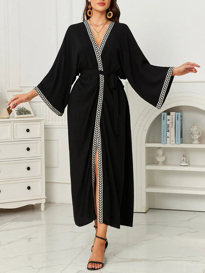 Vacation Dresses Ruffled Sash Long Sleeves Printed Casual Gold Dress