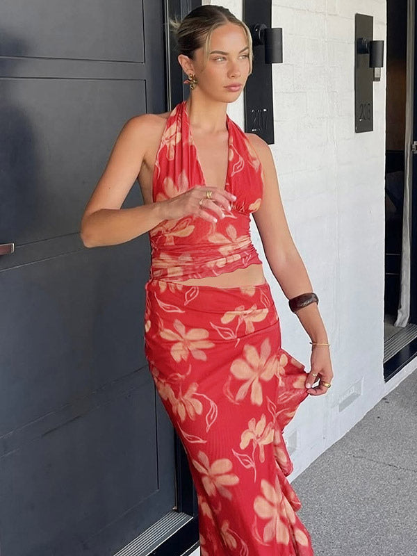 Vacation Dresses Maxi Sleeveless Floral Print Halter Casual Red Summer Dress