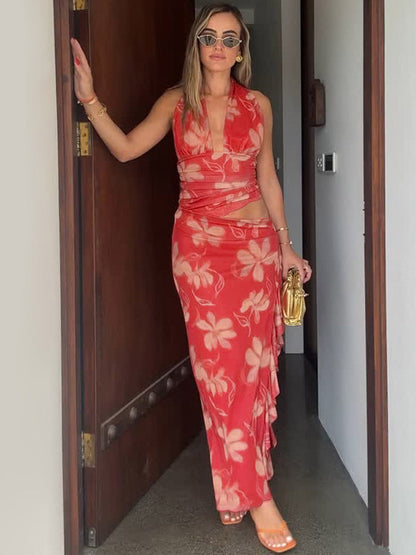 Vacation Dresses Maxi Sleeveless Floral Print Halter Casual Red Summer Dress