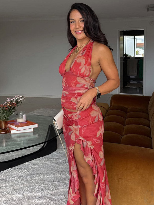 Vacation Dresses Maxi Sleeveless Floral Print Halter Casual Red Summer Dress