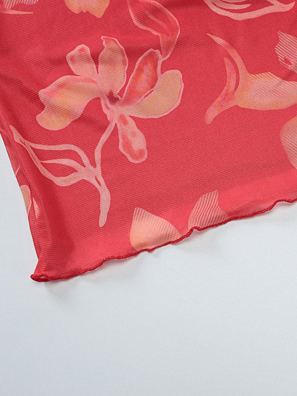 Vacation Dresses Maxi Sleeveless Floral Print Halter Casual Red Summer Dress