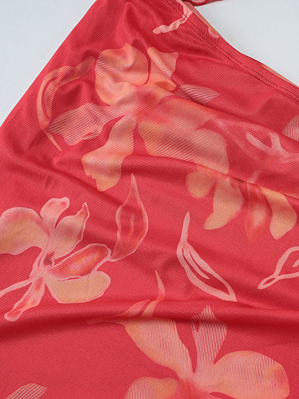Vacation Dresses Maxi Sleeveless Floral Print Halter Casual Red Summer Dress