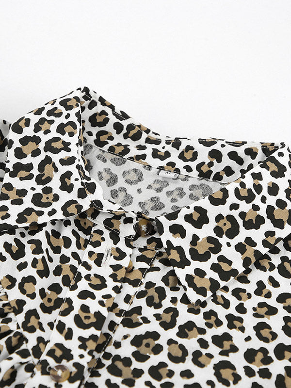 Women Jacket Turndown Collar Buttons Leopard Print Long Sleeve Outerwear